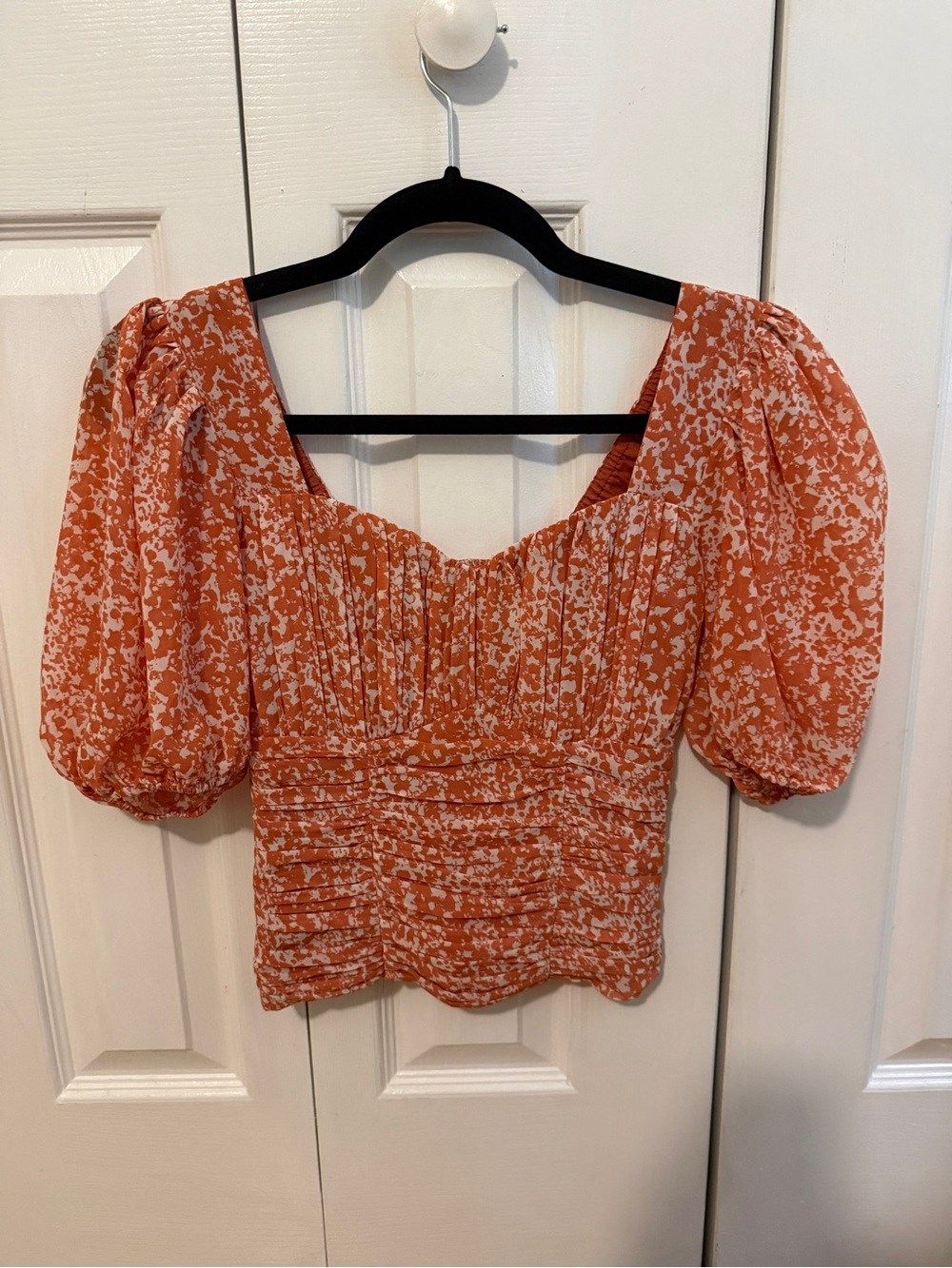 Abercrombie & Fitch Orange Floral Puff-Sleeve Square Neck Blouse